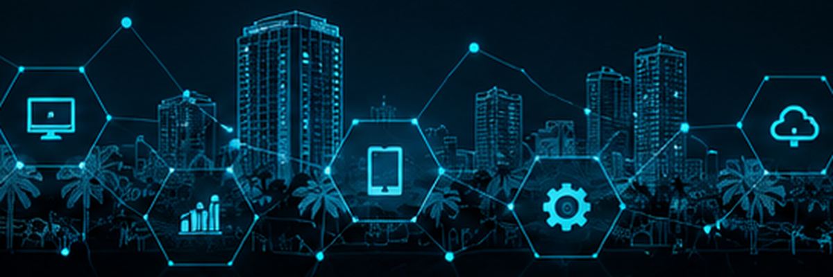Cyan digital network pattern over a South Florida cityscape — representing the integrated web, SEO, and AI services Creative Web Properties delivers for Boca Raton businesses