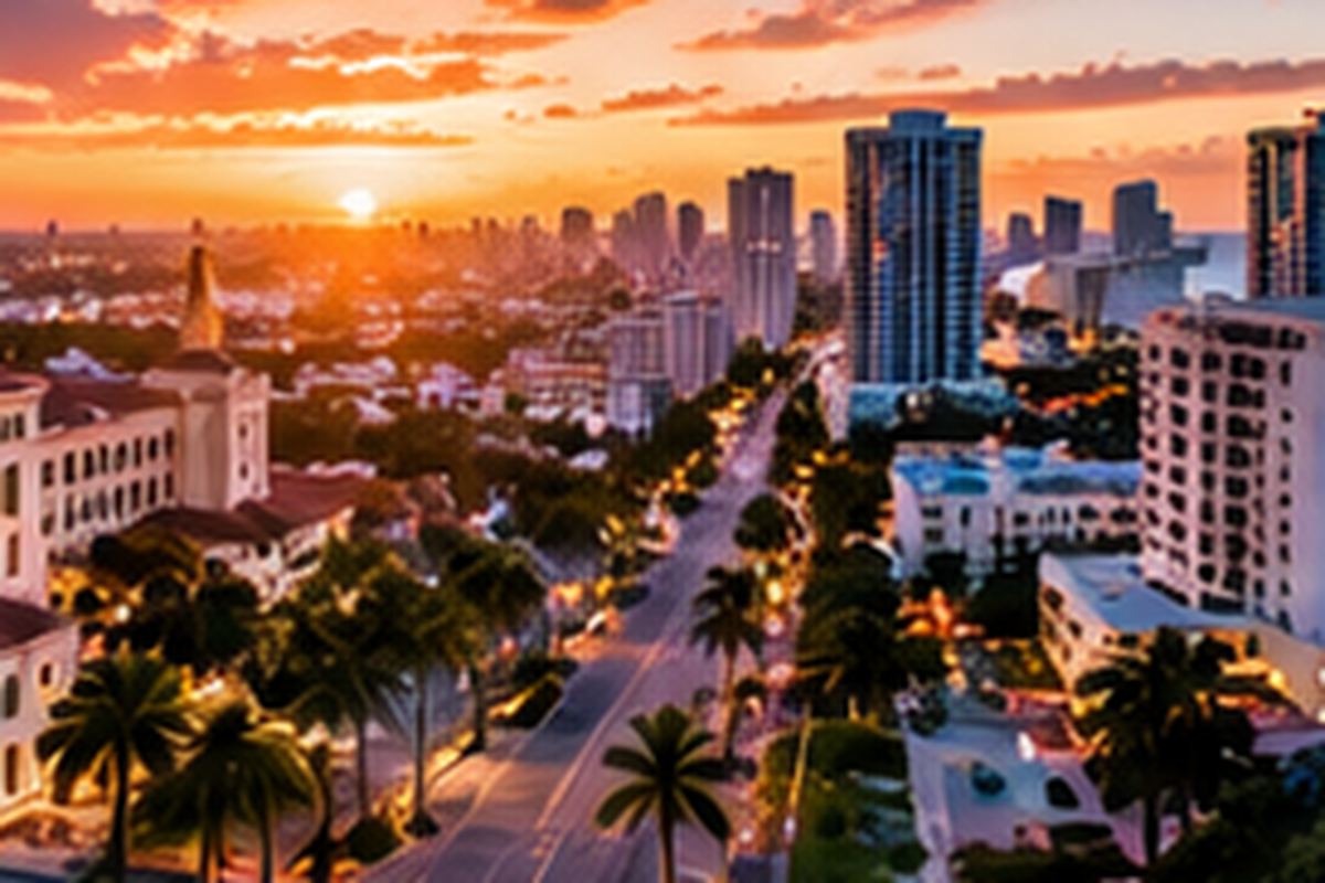 Aerial view of downtown Boca Raton, Florida at sunset — the Mizner Park and North Federal Highway corridor where Creative Web Properties serves local businesses