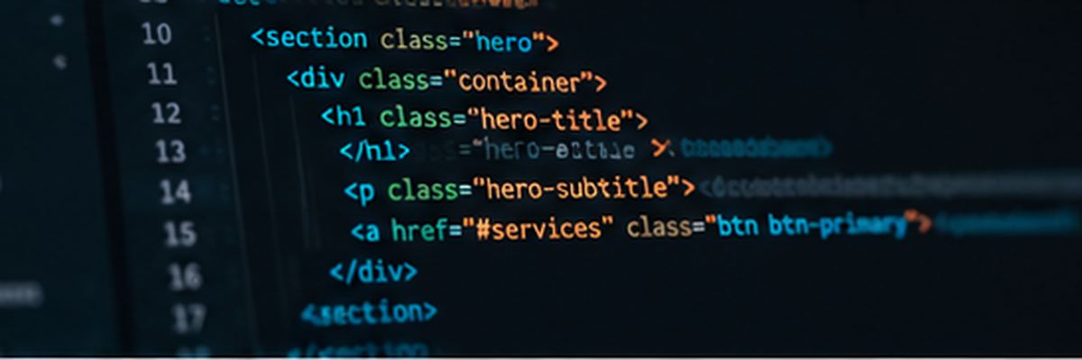 Modern website code displayed in a dark editor — custom-coded HTML, CSS, and JavaScript, not themes or templates